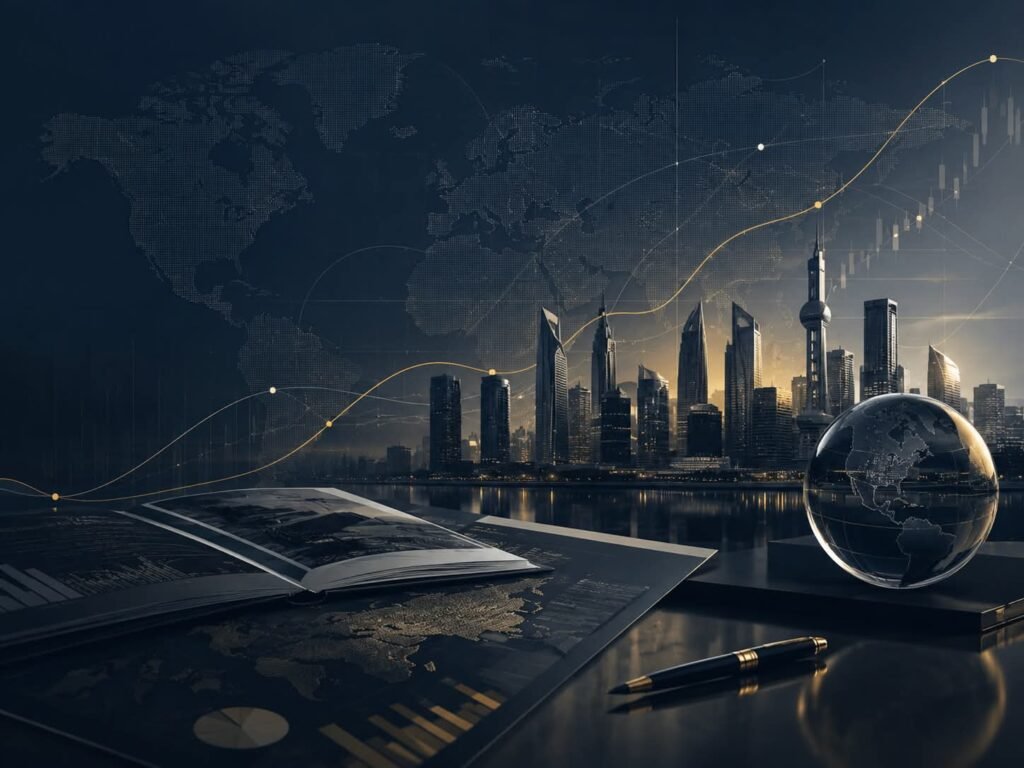 Global business and finance analysis with world map and city skyline